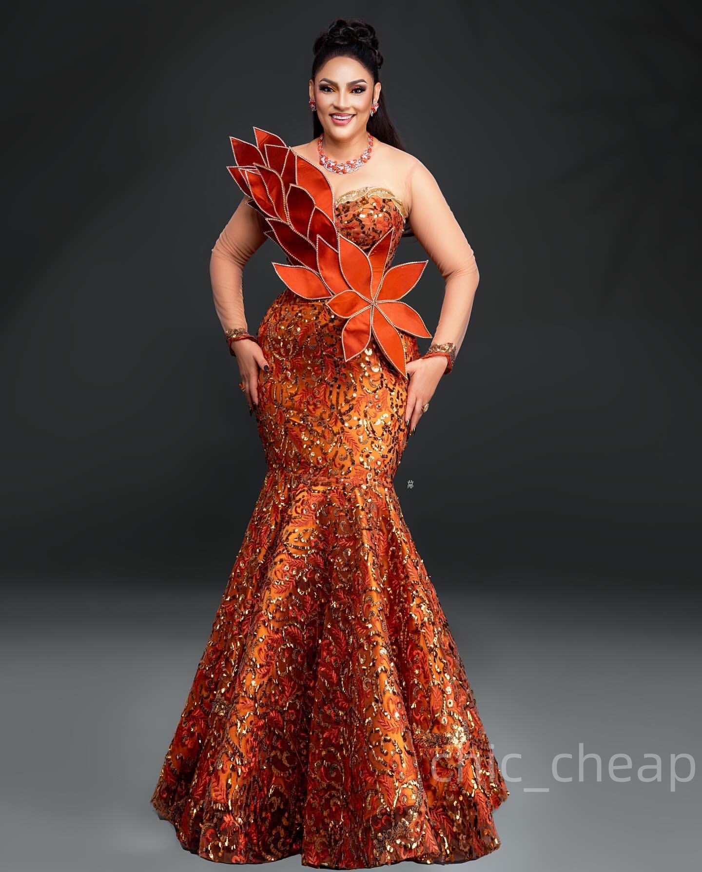 Mermaid Orange Prom Dresses 2025 Florals Sequined Lace Sheer Neck Evening Formal Party Second Birthday Engagement Gowns Plus Size Dress For Special Oc