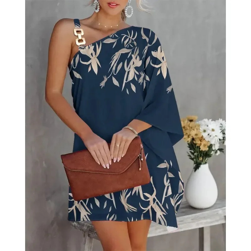 Summer Womens S2XL Size Dress One Line Diagonal Neck Off Shoulder Solid Color and Printed Metal Strap Bat Sleeve 250728