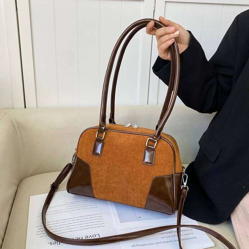 Corduroy Brand Boston Handbag Day Clutch Veet Shoulder For Women Trend Versatile Crossbody Bag Brown