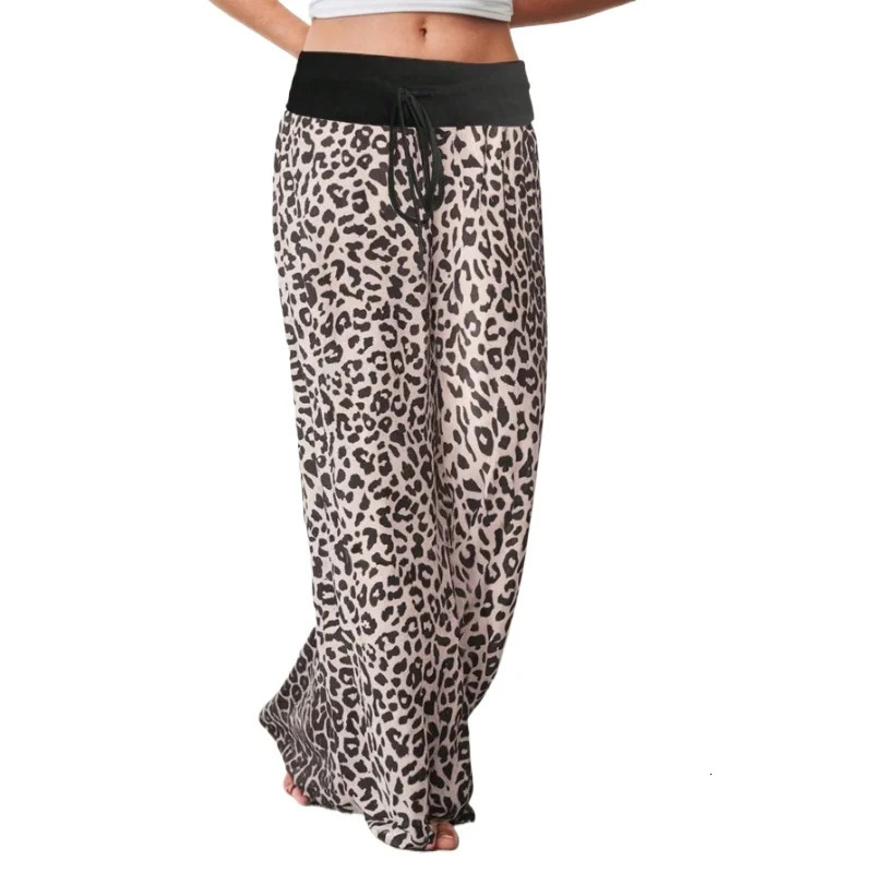 Plus Size Spring Summer Womens Fashion Elastic Waist High Pants Leopard Printed Drawstring Baggy Wide Legs 250805