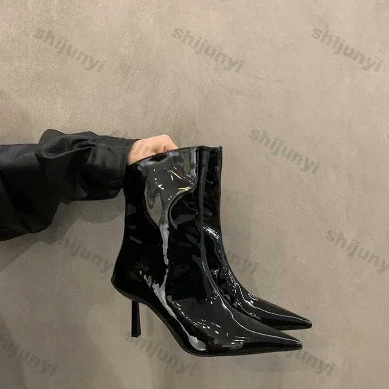 Women Sexy Pointed Patent Leather Ankle Boots Spring Autumn New Solid Color Stretch Slip Booties Women High Heels Skinny Boots XJ250807