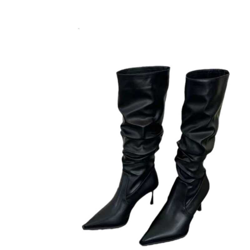 2024 Sharp Pointed Womens Shoes Hot Sell Long Tube Pleated Womens Boots Look Slim Sexy Trendy High Heeled Boots XJ250807