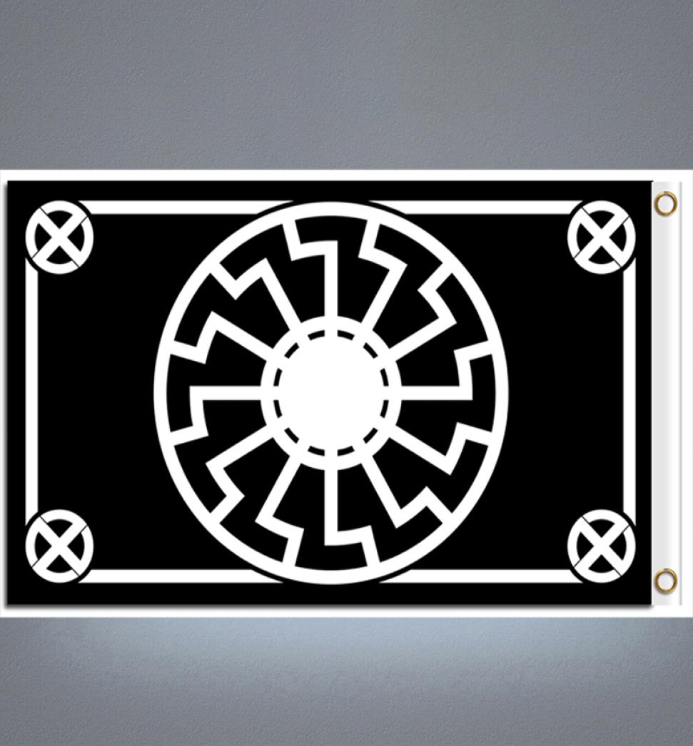 Digital printing custom 3x5ft Black Sun Flag 90x150cm Polyester Kolovrat Slavic Symbol Sun Wheel Svarog Solstice Runes Banner5239530