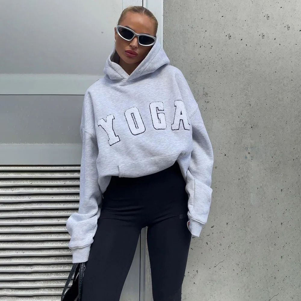 2025 Fashion Casual Gray Embroidered YOGA Letters Solid Color Printing Versatile Loose Sports Hooded Sweatshirt For Women 250806