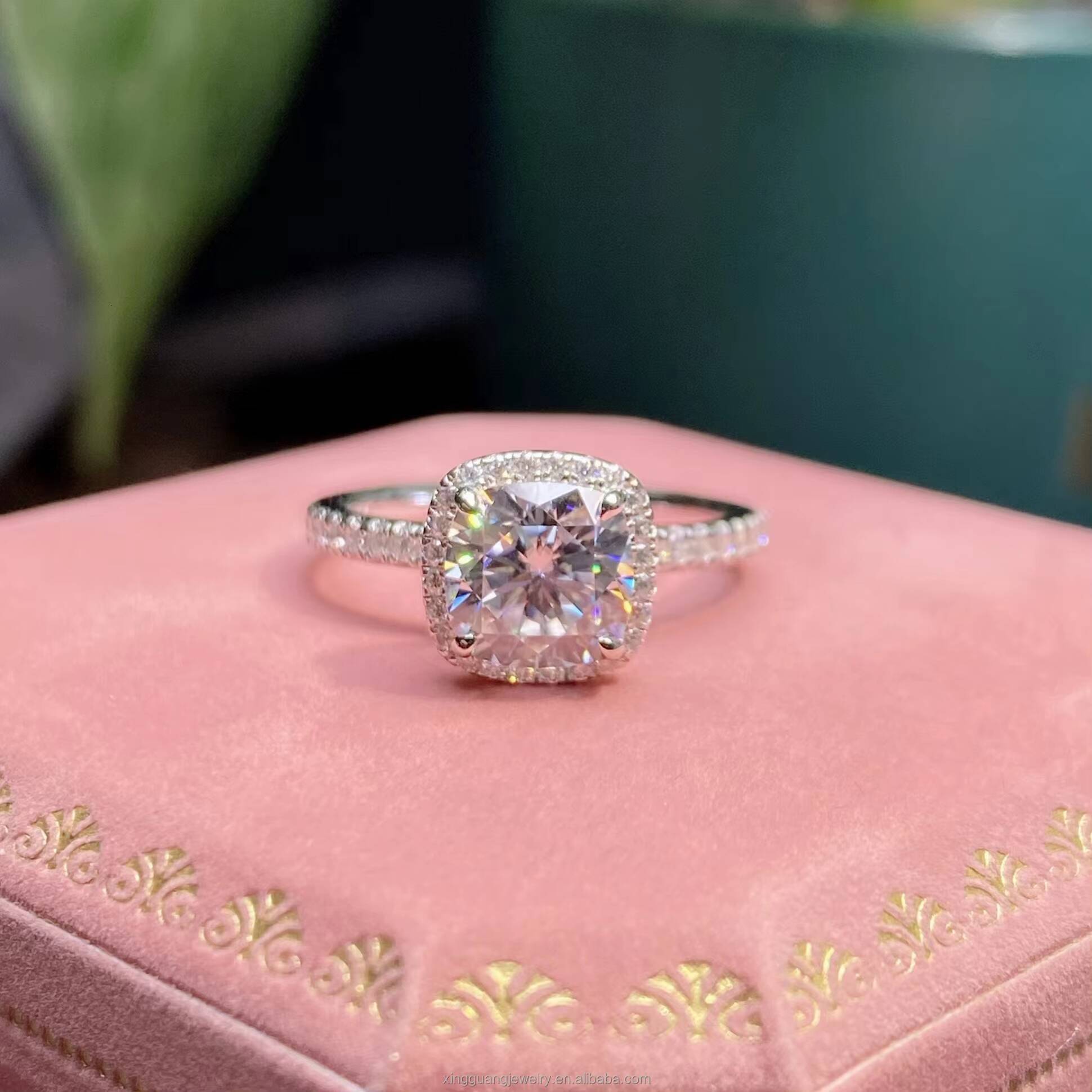 XingGuang Women Engagement Ring 18K White Gold Fine Jewelry 3CT Cushion Cut Halo Diamond Style VVS Moissanite Ring
