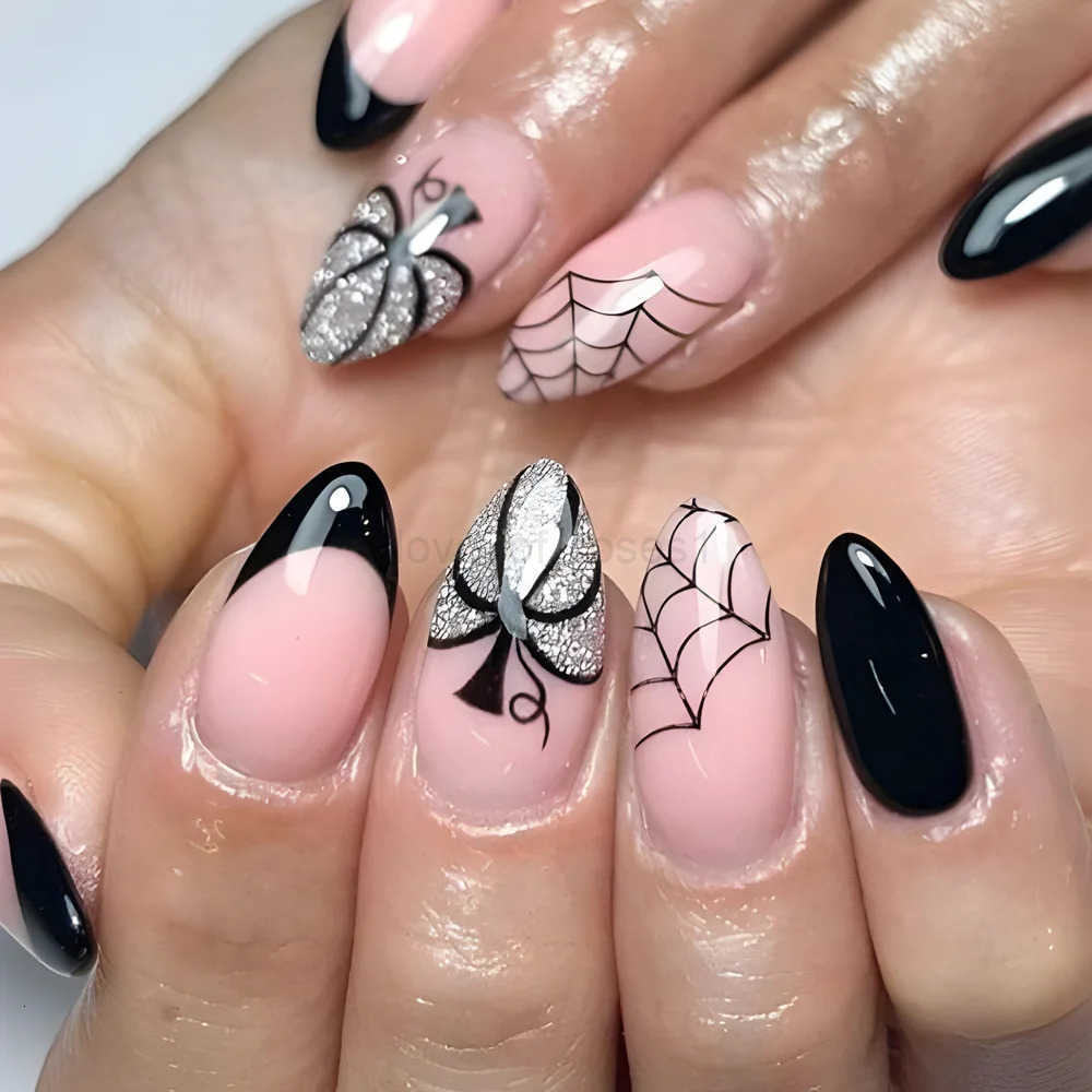 24pcs Halloween Spider Print False Nails European Gothic Style Press on Nails for Women Short Round Spicy Girl Fake Nail Tips Z250807