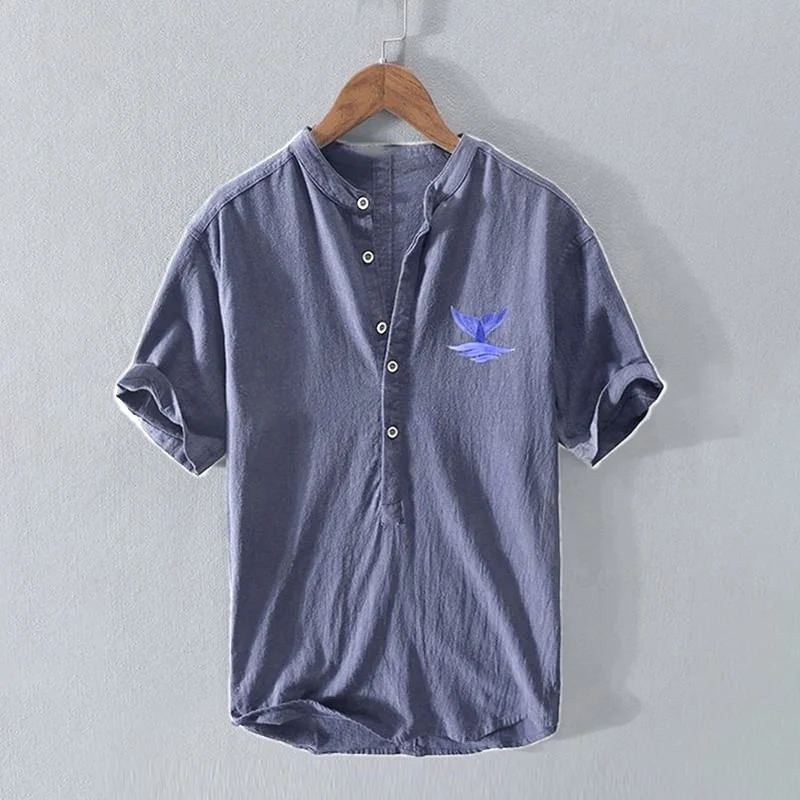 Mens Japanese Art Linen Blend Fashion Shirt Loose VNeck Button Short Sleeve Printed Top Camisas Acogedoras Ropa De Hombre 250807