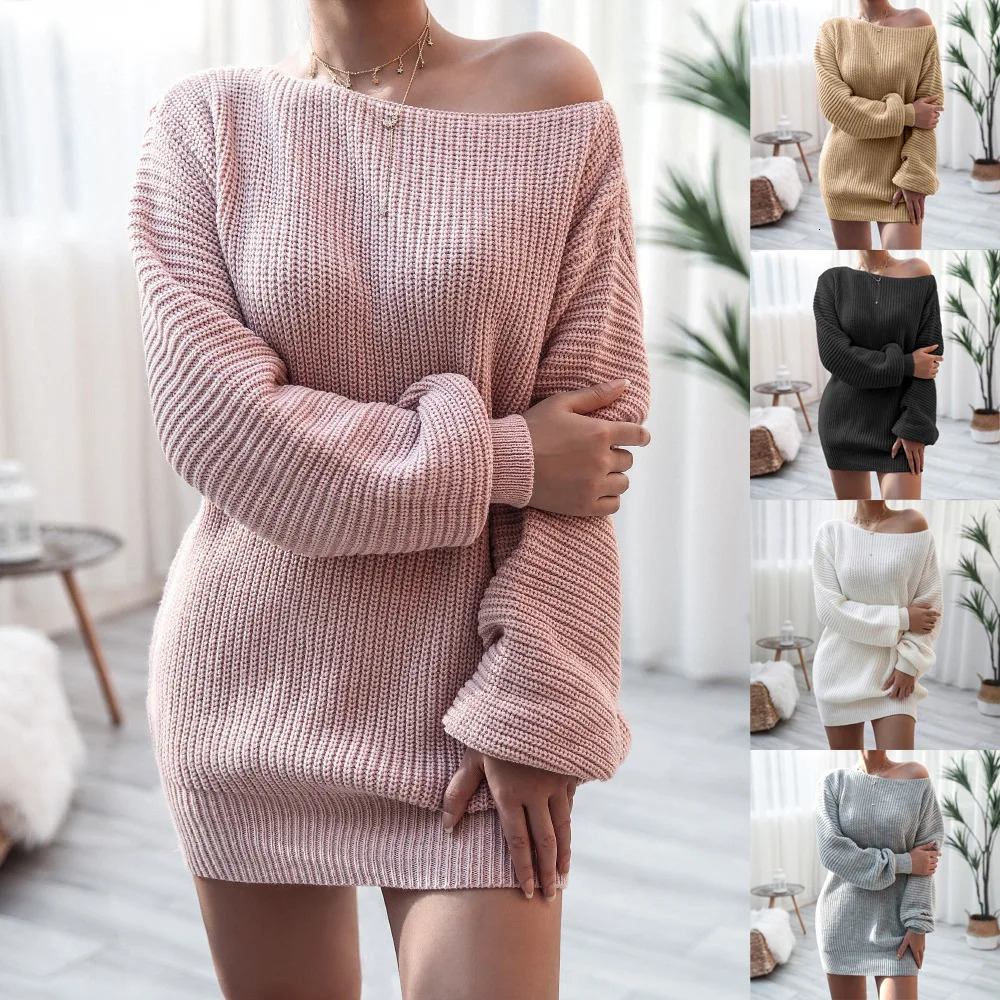 Autumn and Winter Womens Dresses OneWord Collar Louj Casual Loose Knitted Sweater Dress Short for Women 250807
