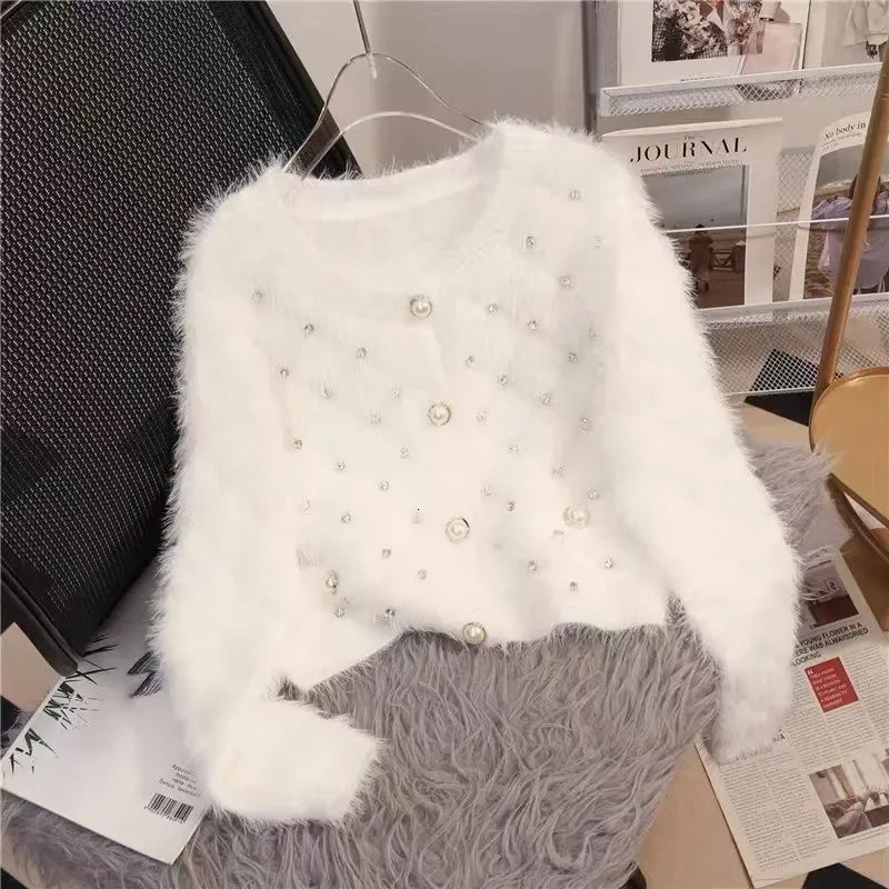 Fashion Bead Mink Sweater Women Knitted Cardigan Autumn Winter Long Sleeve Short Loose knitwear Female Tops W727 250804