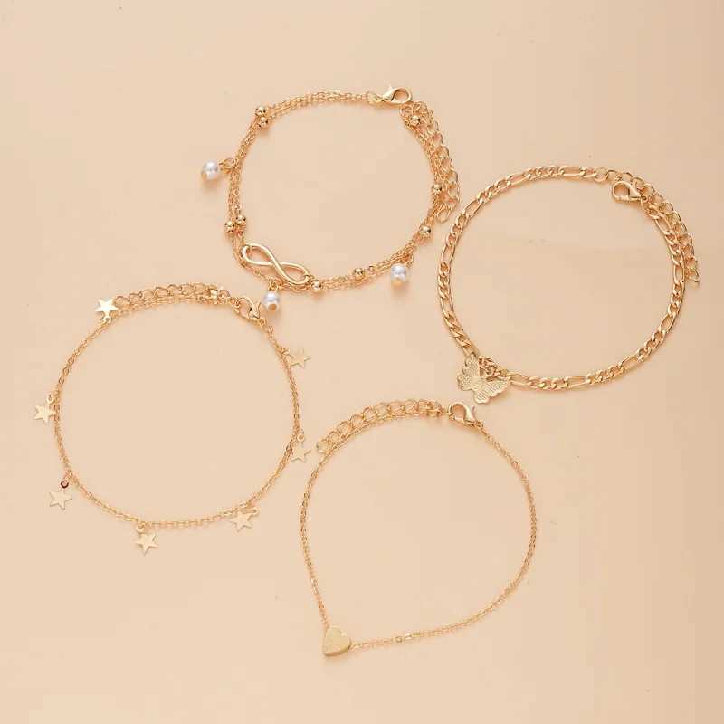 4Pcs Bohemian Summer Beach Anklet Set For Women Vintage Gold Color Pearl Butterfly Star Heart Pendant Charm Chain On Leg Jewelry Y250805