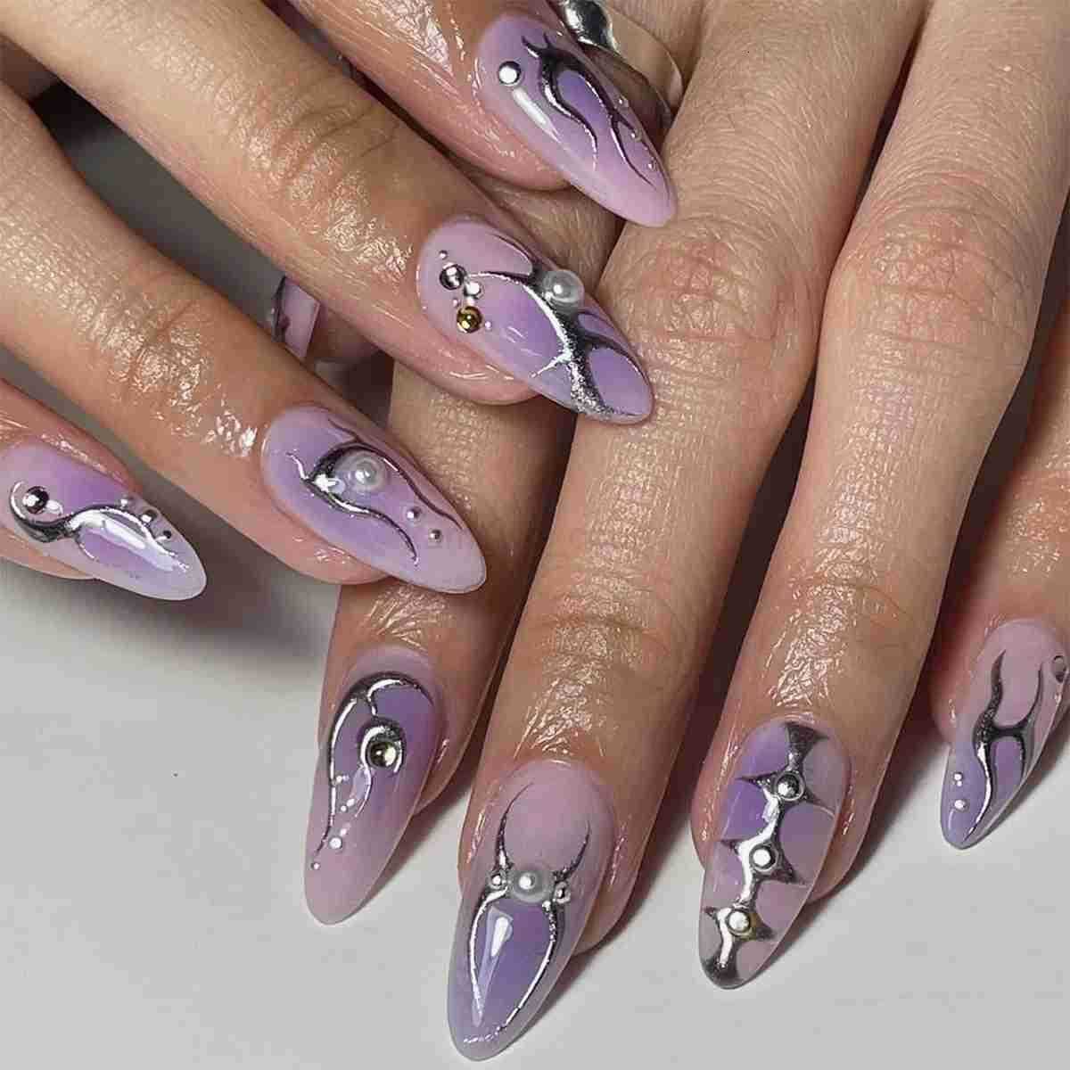 24Pcs Purple Fake Nails Almond Press on Nails Silver Star Designs Full Cover False Nails Tips for Women Y2K Girls Wearable Manicure M250807