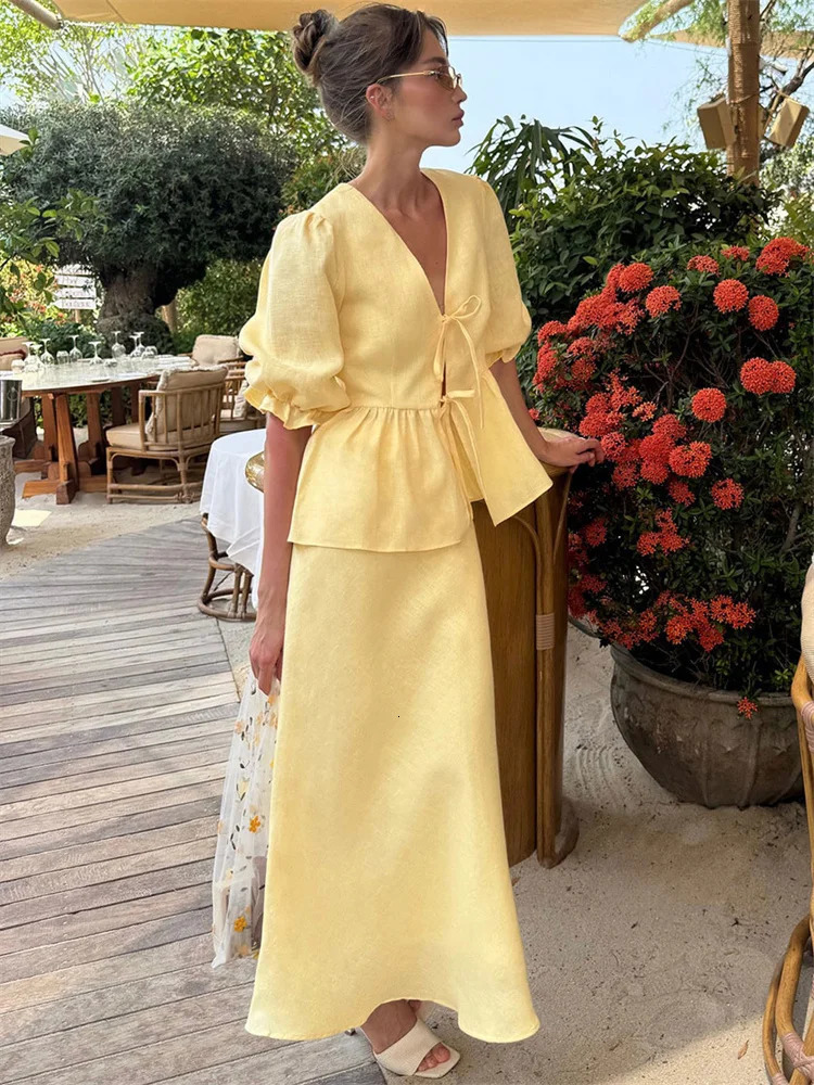 Tossy Summer Ruffled 2 Piece-Set Maxi Skirt For Women V-Neck Lace-Up Short Sleeve Shirts Top And Slim High Waist Long Skirt Sets 250804