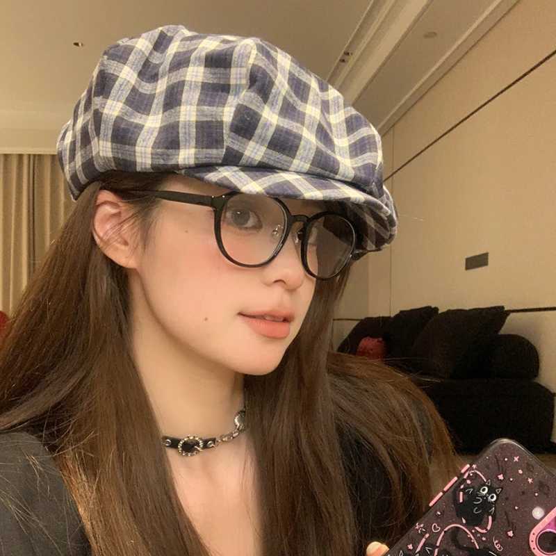Retro Literary and Artistic Color Matching Plaid Berets for Women Spring and Summer New Sweet Versatile Cloud Newsboy Hat XJ250807