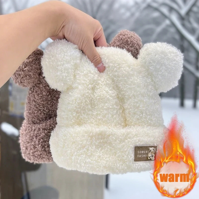 Winter Bear Plush Knitted Hat for Women Cute Furry Ear Beanie Non Elastic Fisherman Style Warm Soft Headwear for Cold Weather 250806