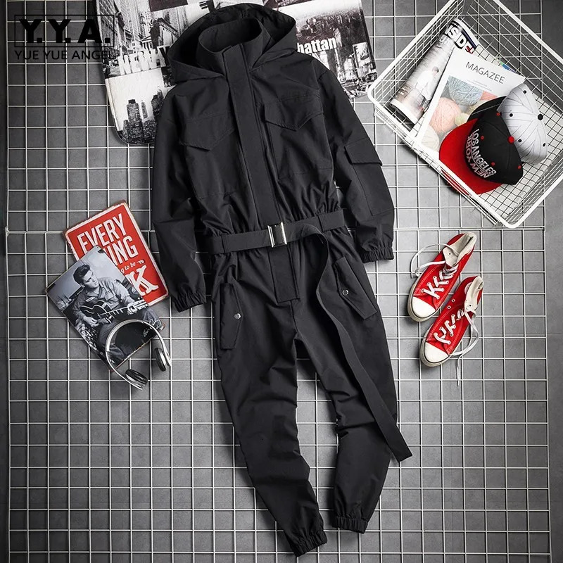 Mens Hip Hop Cargo Jumpsuit Fashion Black Sashes Joggers Overalls Multi Pockets Work Rompers Streetwear Korean Clothes 250804