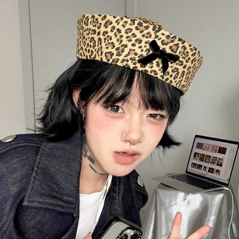 2023 Y2K Leopard Print Bow Sailor Hat Spring and Summer Thin Fashion Corn Personalized Beret for Womens Hats XJ250807
