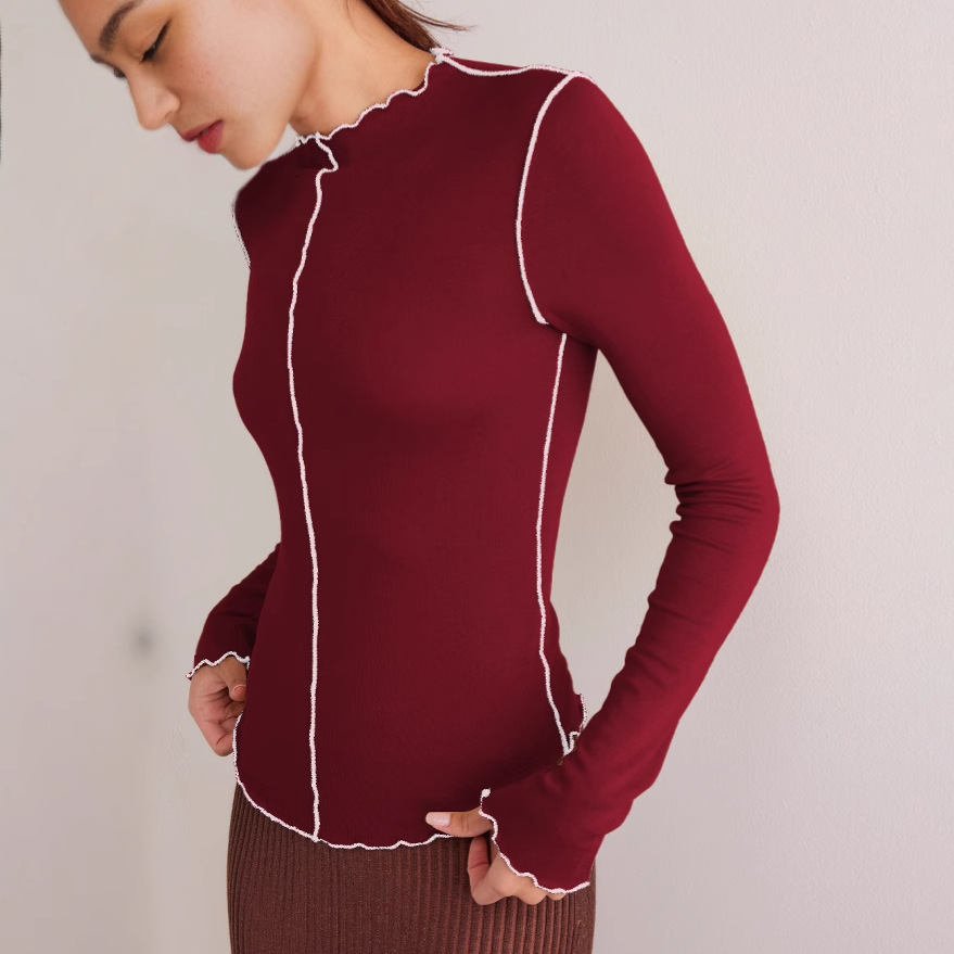 Patchwork Slim Fit Long Sleeve T-Shirt Top Design Sense Base Shirt Color Block Women's Ruffled Edge