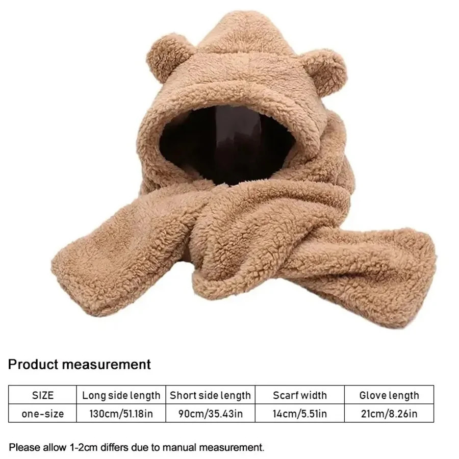 Cute Bear Ear Hat Fashion Winter Warm Comforts Polyester Thickened Plush Hoodie Hat Scarf Gloves Set Girl Kawaii Warm Casual Hat 250806