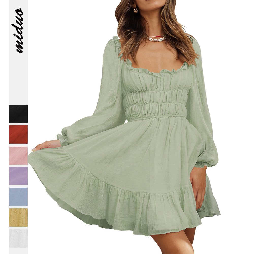 2025 Autumn Fluffy Short Square Neck Pleated Ruffle Lantern Sleeve Fresh Sweet Women's Dress