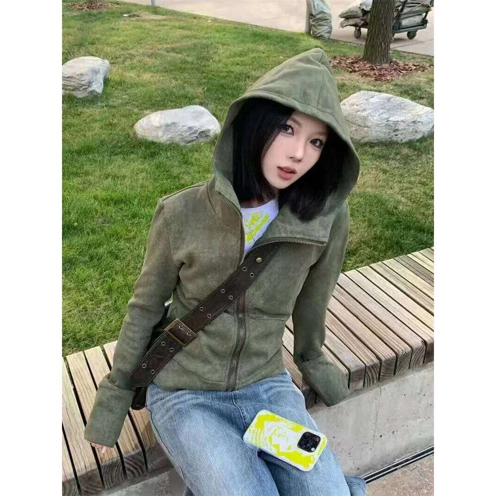 Spring and Autumn 2025 New American Retro Pure Cotton Washed Outdated Solid Color Hoodie Slim Fit Small Thin Coat Women