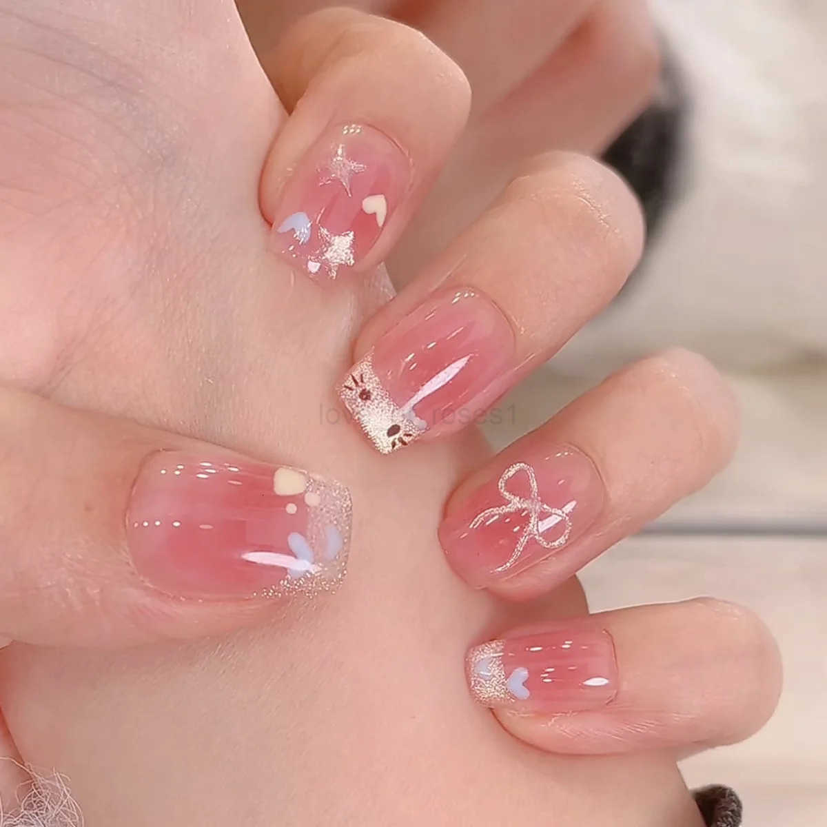24Pcs Pink Cat Blue Love Cute Short Ballet Press-on False Nails Sweet French Cat Eye Bow Star Designs Style Detachable Nails Set Z250807