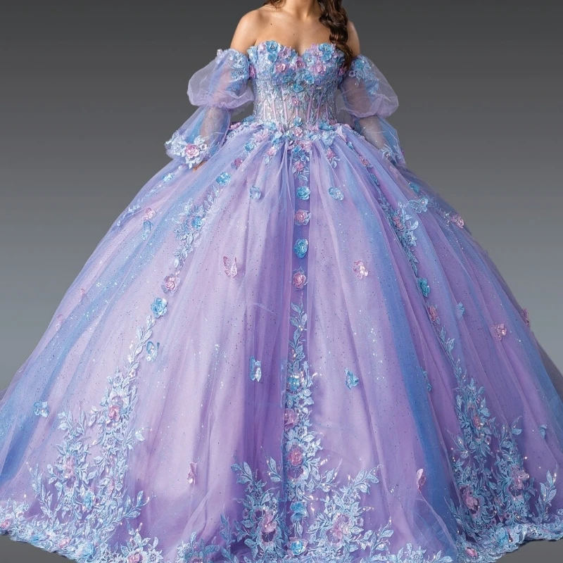 Sky Blue Shiny Quinceanera Dresses Ball Gown Off The Shoulder Applique Flower Bow Beads Lavender Lining Tull Party Birthday Sweet 16 Dress Vestidos De