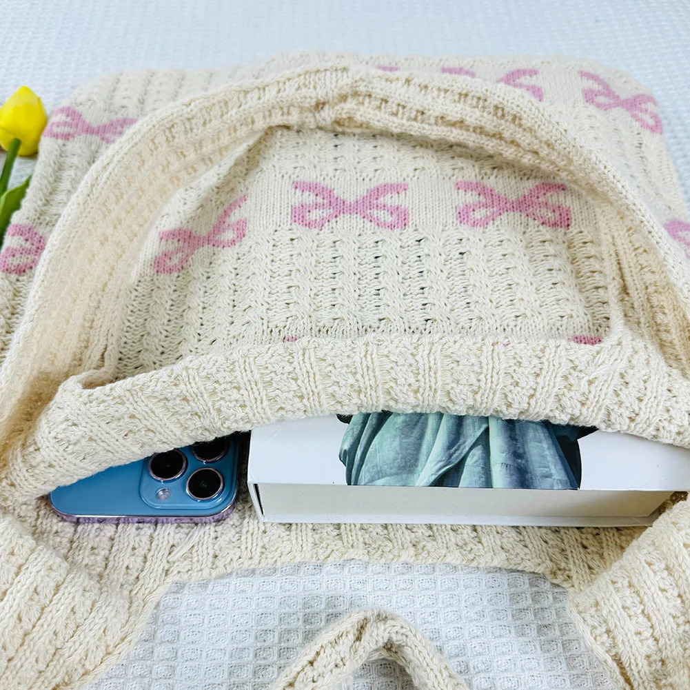 Knitted Handbags Large Capacity Bow Pattern Crochet Tote Bag Bow Pattern Crochet Tote Bag Multifunctional Knitted Shopping Bag 250807