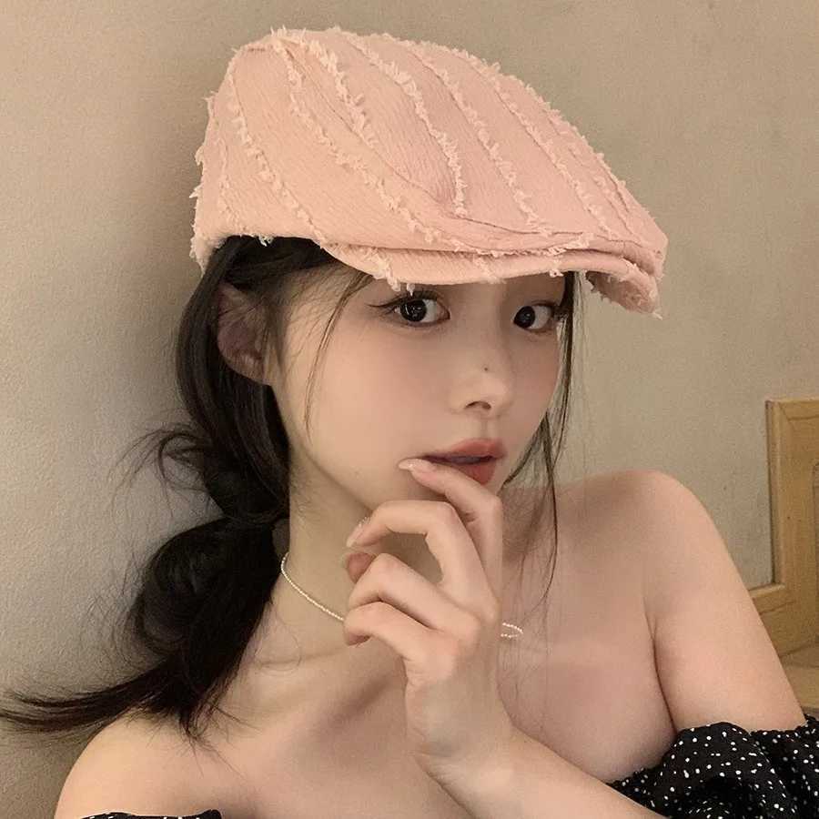 Solid Color Beret C for Women Japanese Retro Striped Painter Hat Spring Summer Versatile Thin Newsboy Womens Gift XJ250807