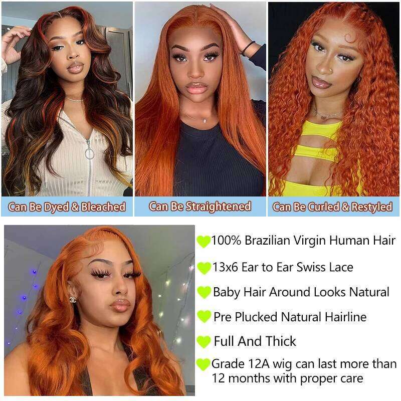 Ginger Orange 13X6 Lace Front Wigs 200% Density Body Wave 350 Colored Human Hair Wig Pre Plucked synthetic