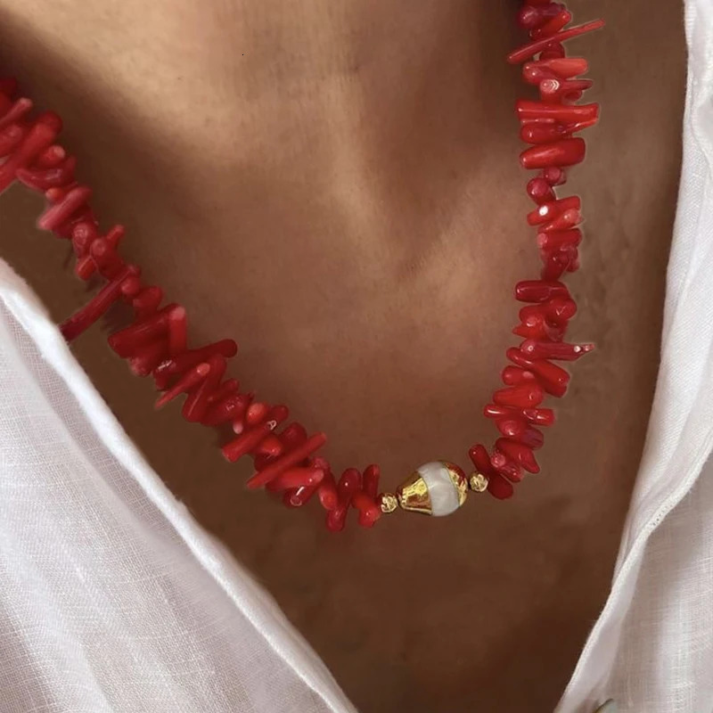 Vintage Natural Red Coral with Pearls Necklace for Her Bohemian Handmade Jewelry Beach Gift 250730