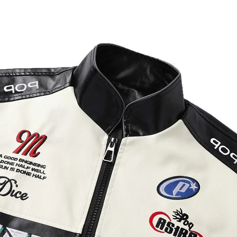 American Style PU Leather Jacket Men Stand Collar Biker Coat Embroidered Color Block Casual Motorcycle Jacket Trendy Spring Fall 250805