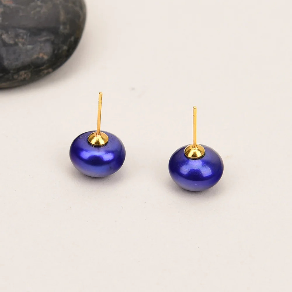 G-G Freshwater Cultured Blue Wine Red Green Button Pearl Gold Color Stud Earrings 250805
