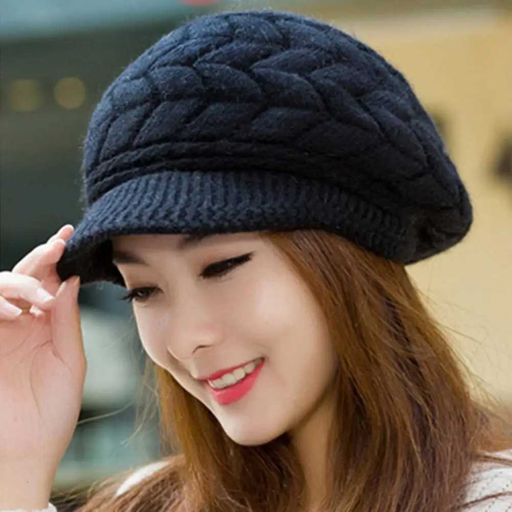 Womens Winter Solid Color Warm Knitting Loose Beret Leisure Ski C Korean Version Beret Plus Velvet Thick Knitting Ear C XJ250807