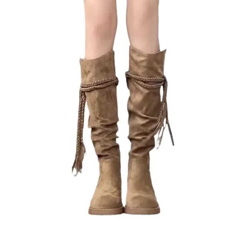 2024 Spring and Autumn New Fi Style Fi Boots Thick Heel Long Tube Slim Look Stacked Middle Tube Boots XJ250807