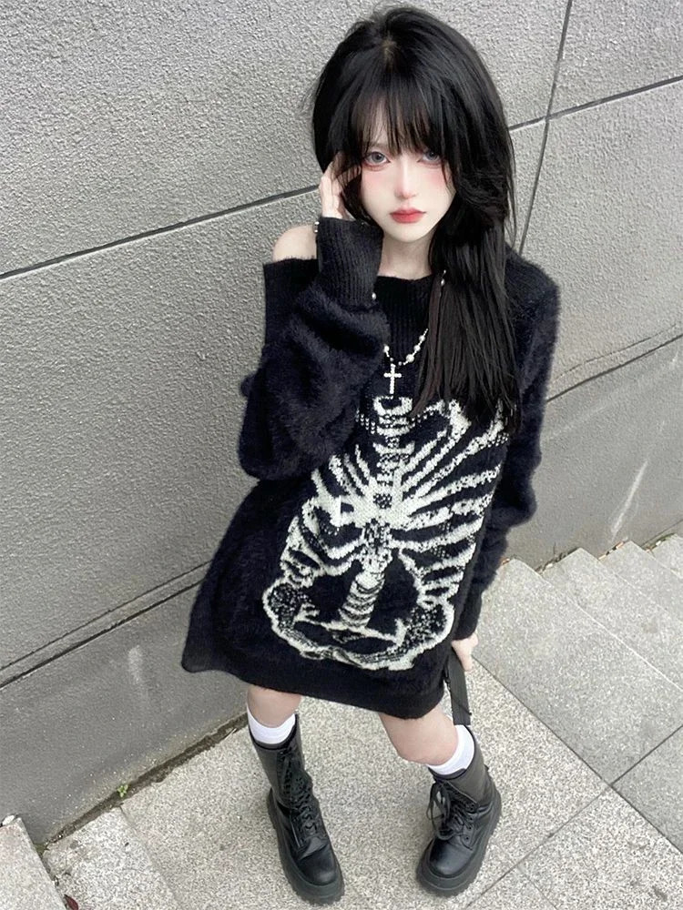 KOSAHIKI Grunge Sweater Fashion Streetwear Y2k Aesthetic Blackpullover Skull Print Gothc Women Jumper Harajuku Loose Knitwear 250801