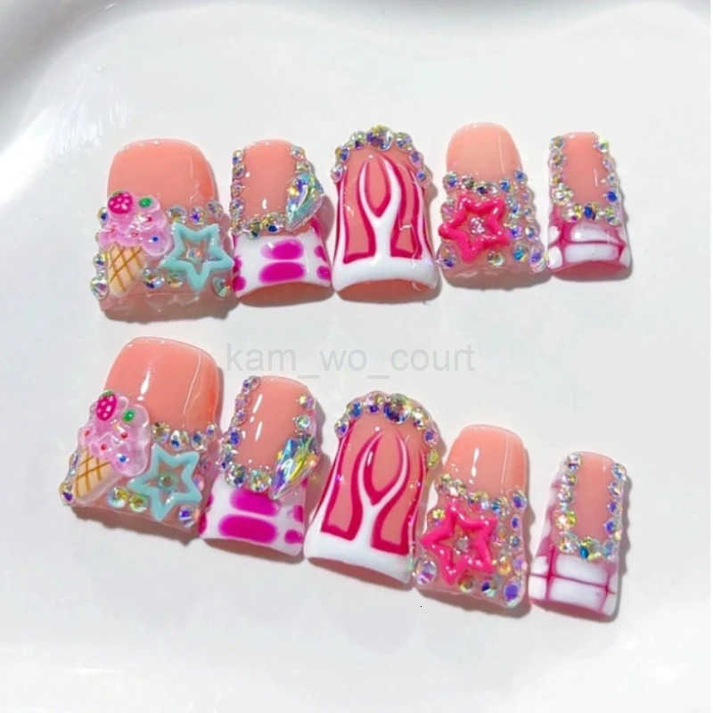 10Pcs Summer Trendy Handmade Duck Y2k Press-on Nails French Pink Sparkling Rhinestone Star Design False Short Nail Tips M250807