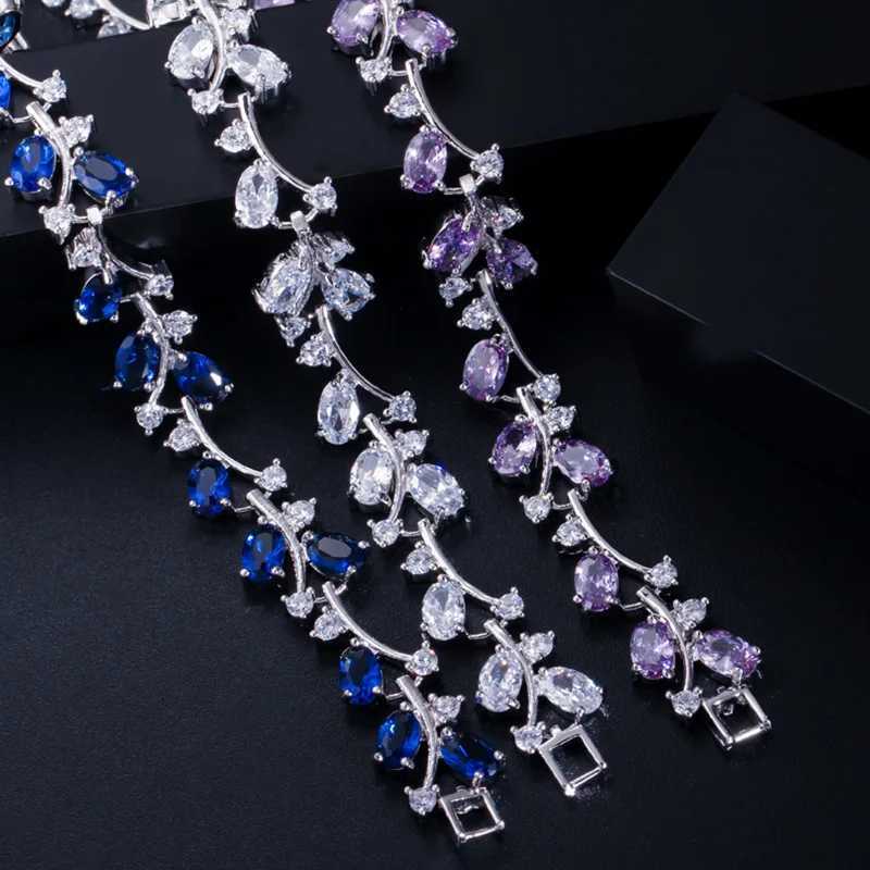 100% Natural Royal Women Jewelry Silver Color Dark Blue CZ Crystal Leaf Chain Link Bracelets and Bangles for Party Gift B042 W250807