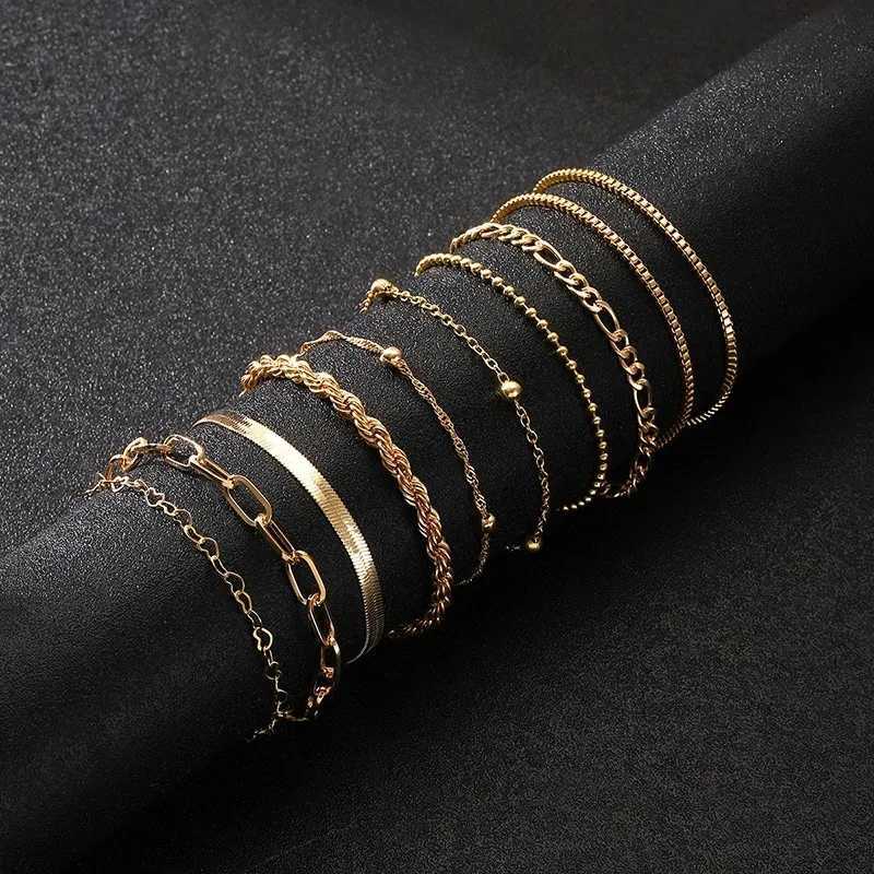 10 Pcs Vintage Statement Gold Color Flat Snake Chain Box Chain Bracelet Boho Multi-layer Metal Bracelet Womens Summer Jewelry W250807