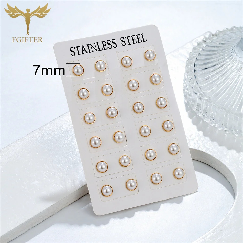 12 Pairs Pack Golden Stainless Steel Stud Earings for Women 5-10mm Half Artificial Pearl Earrings Set piercing acier inoxydable 250805