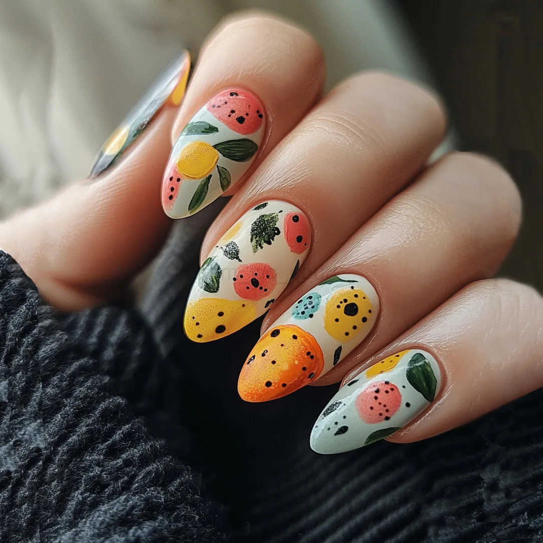 24pcs Colorful Fruit Printed Press On Nails Summer Dopamine Almond False Nails Full Cover Charming Fake Nails DIY Manicure Art M250807