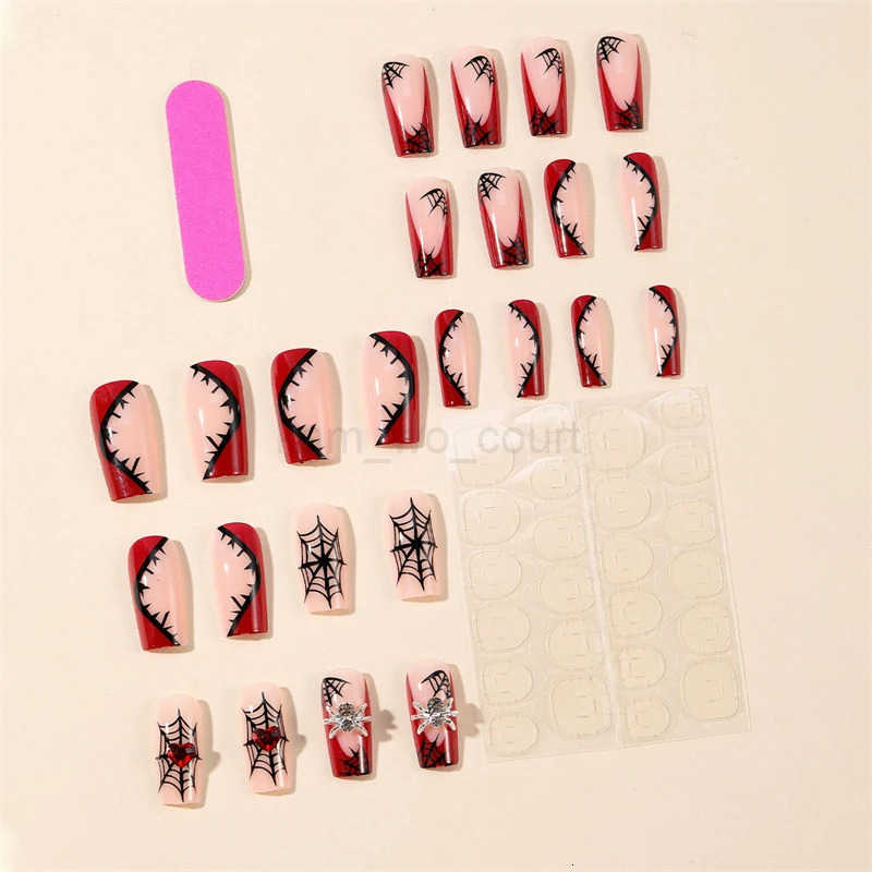 24Pcs Heavy Metal Halloween False Nail Tips Silver Design Handmade Full Cover Wearable Black Cool Almond Press-on Nails M250807