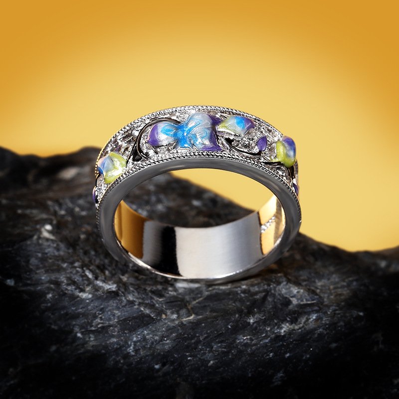 Silver Tone Enamel Inlaid Band Ring With Colorful Floral And Filigree Details Artistic And Vintage-Inspired Accessory Gift For Her Unique And Intricat