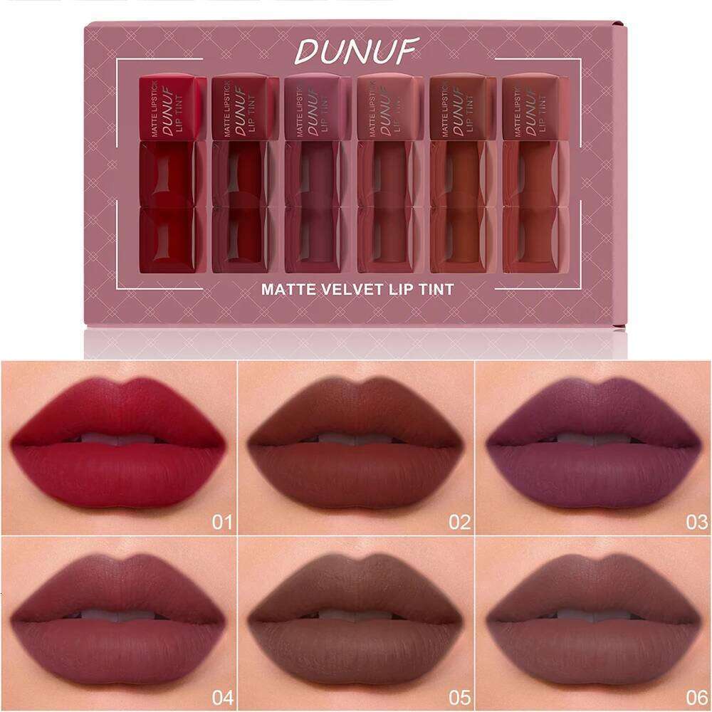 DUNUF 6pcs matte easy veet gloss color development waterproof non-stick lip glaze set Lip Gloss Lipstick X250807