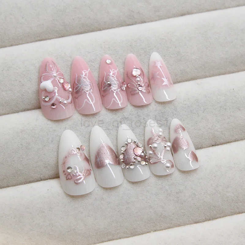 24pcs Sweet False Nail Patches Detachable Fake Nail Tips With Bowknots Love Heart Pearl Design Pink Almond Korean Press On Nails Z250807