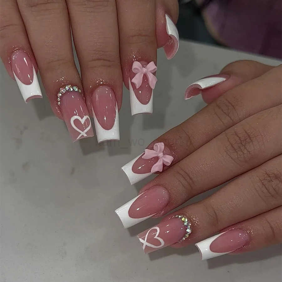 Light Pink Fake Nails Mid-Length Square Head Press-On Nails Love Heart Printed Diamond Designs French Style False Nails Tips M250807
