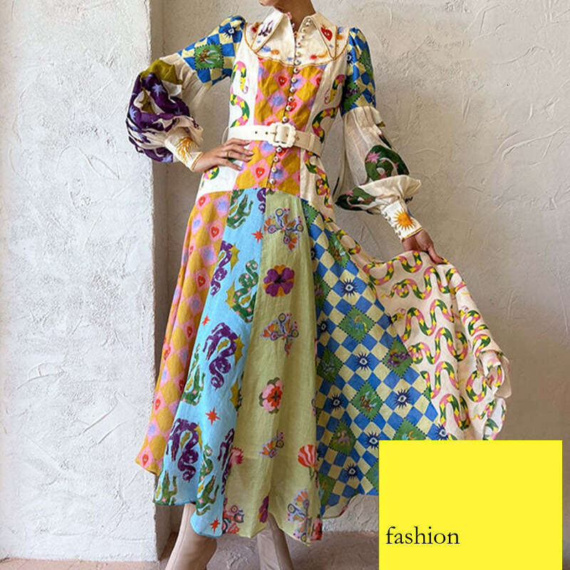 Women's Lantern Printed Turn-Down Collar Waist-Cinching Long Sleeve Flared Spring Dress B5 h7