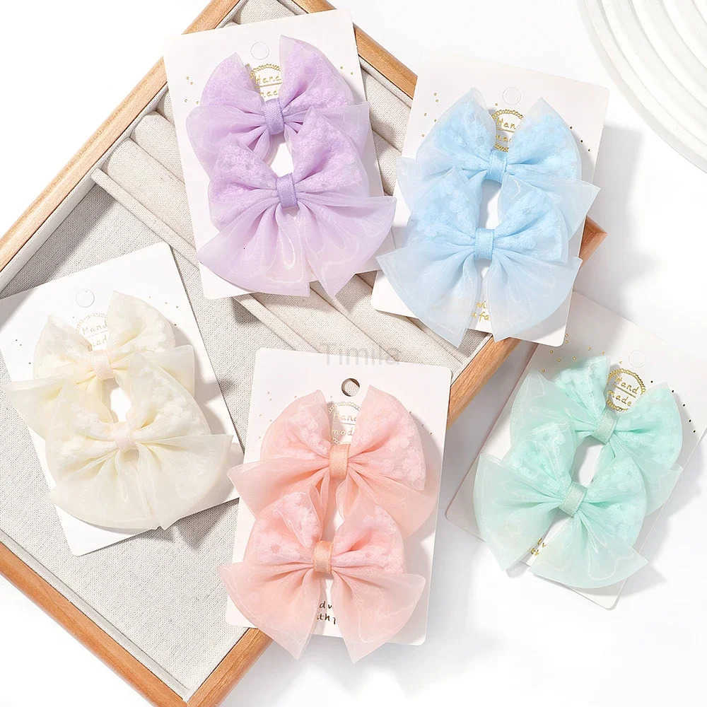 2pcs/set Lovely Lace Bows Hair Clips for Girls Sweet Solid Color Gauze Clips Soft Hairpins Pink Princess Hair Accessories U250807
