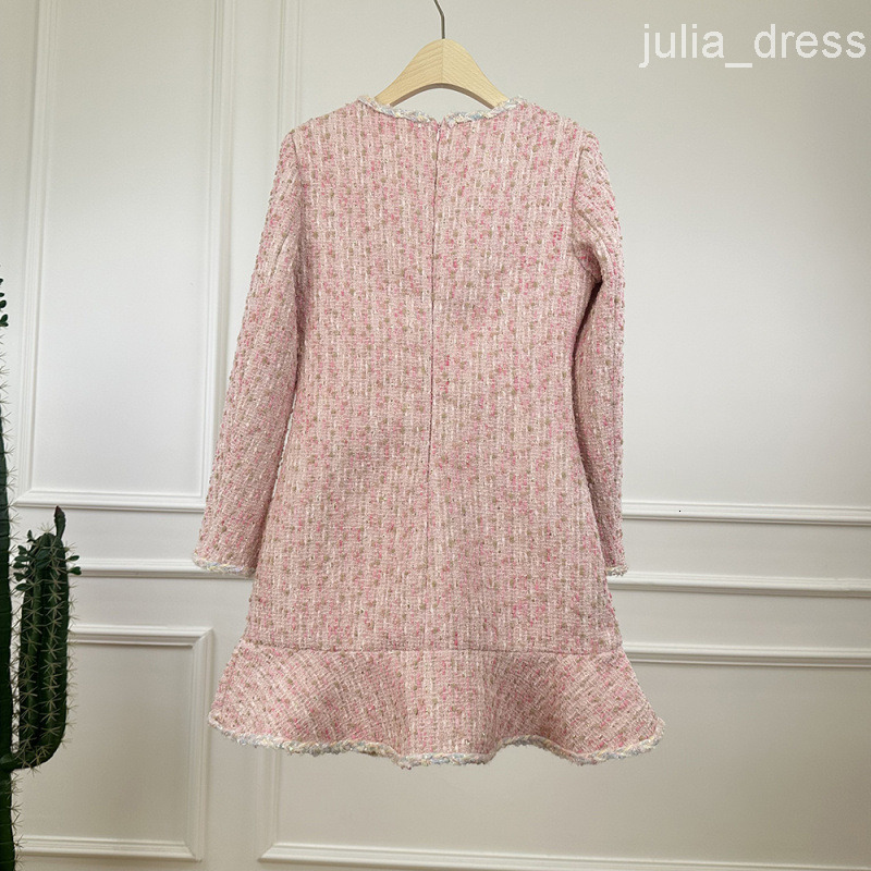 Pink Gentle Elegance Style Slimming Long Sleeve Dress Tweed Handmade Lace Mermaid Dress