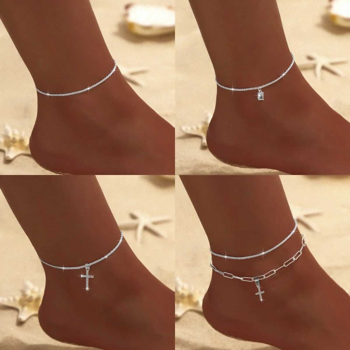 Summer Shiny Sparkling Simple Silver Color Anklet Zircon Cross Pearl Double Layer On Leg Foot Trendy Beach Jewelry Y250805