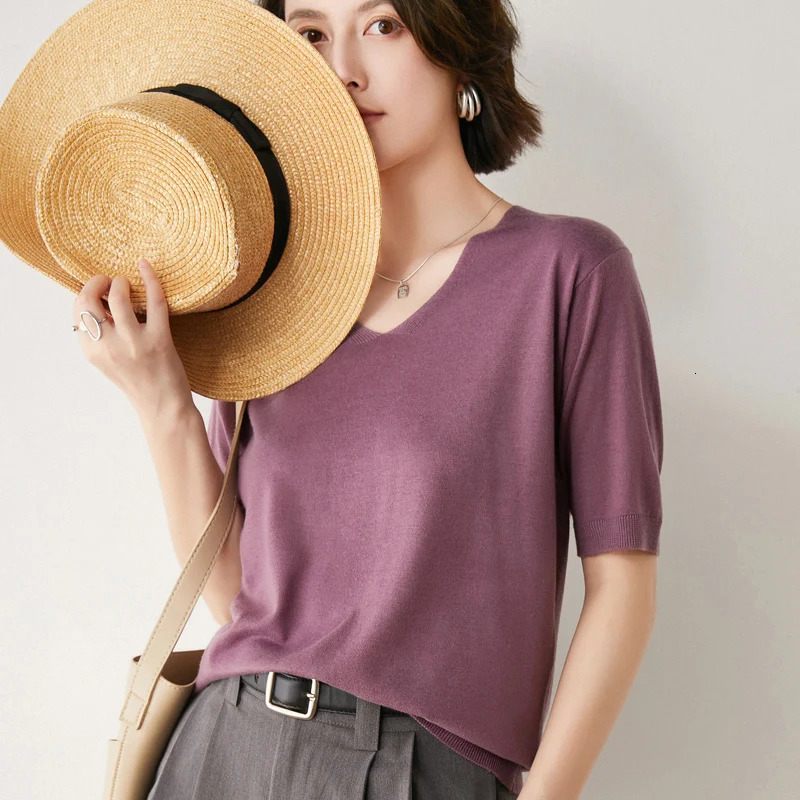 Arrival Summer Cashmere Wool Sweater Spring Summer Women Solid Short Sleeve V-neck Pullovers Knitted Sweaters 250801